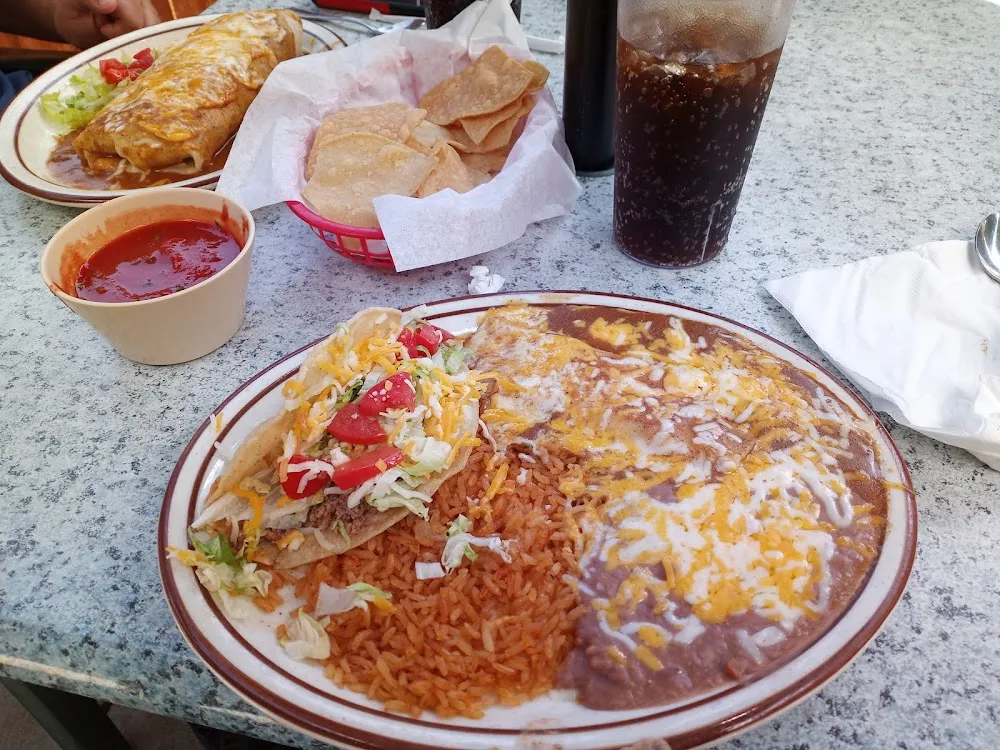 Special 6 Cheese Enchilada with Taco Beans and Rice